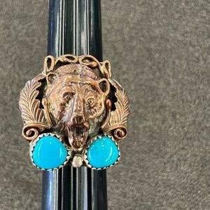 Navajo Ring Men’s Copper and Turquoise Bear size 6.5 Signed